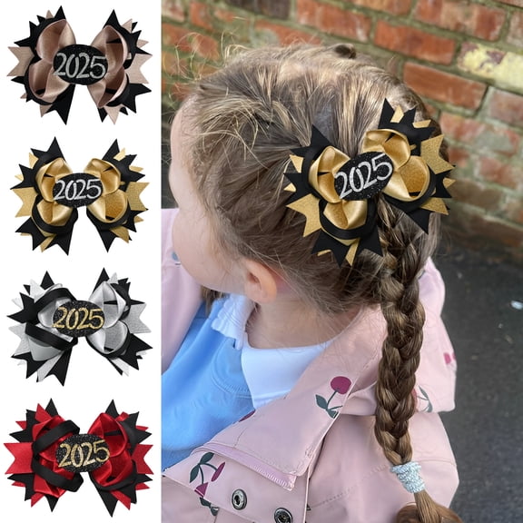 JoyBowie 4 Pcs 5.3 Inch 2025 Multi-Layer Hair Bow Clips, Festive Graduation New Year Hair Accessories for Girls