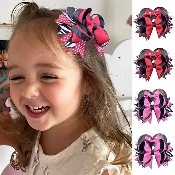 JoyBowie 4 Pcs 5.5 Inch Mouse Ear Hair Bows Clips For Girls Multilayer Polka Dot Grosgrain Ribbon Barrettes