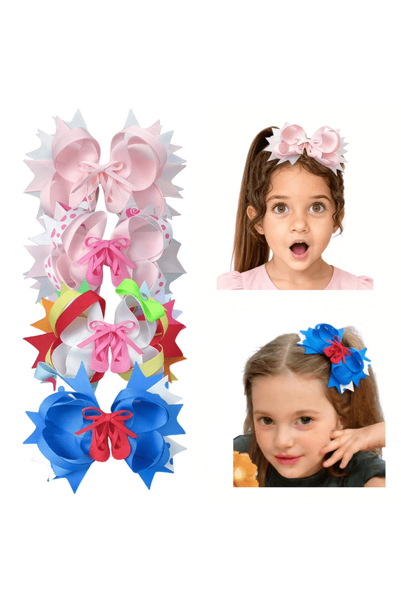 4 Pcs 5inch Layered Hair Bows for Girls 3-8 Years, Grosgrain Ribbon Clips for Birthday Parties & Daily Hairstyles