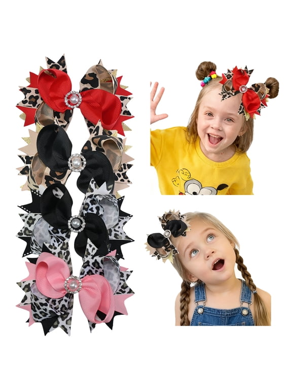 4 Pcs 5inch Leopard Print Pearl Hair Bows for Girls 6-12 Years, Grosgrain Ribbon Clips for Formal Parties & Daily Hairstyles