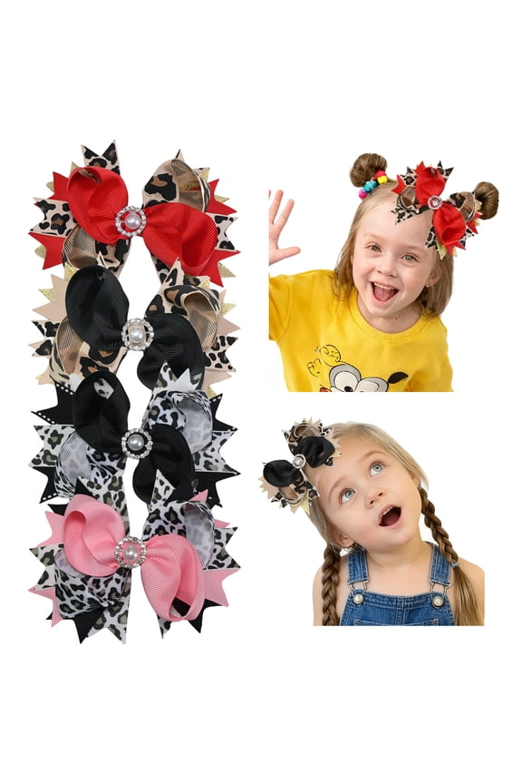 4 Pcs 5inch Leopard Print Pearl Hair Bows for Girls 6-12 Years, Grosgrain Ribbon Clips for Formal Parties & Daily Hairstyles