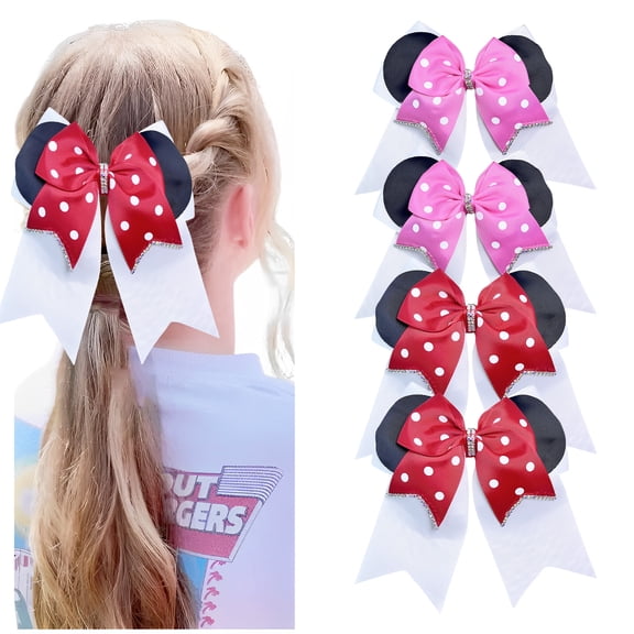 JoyBowie 4 Pcs 8.5 Inch Mouse Ear Cheer Hair Bows Clips For Girls Polka Dot Grosgrain Ribbon Barrettes