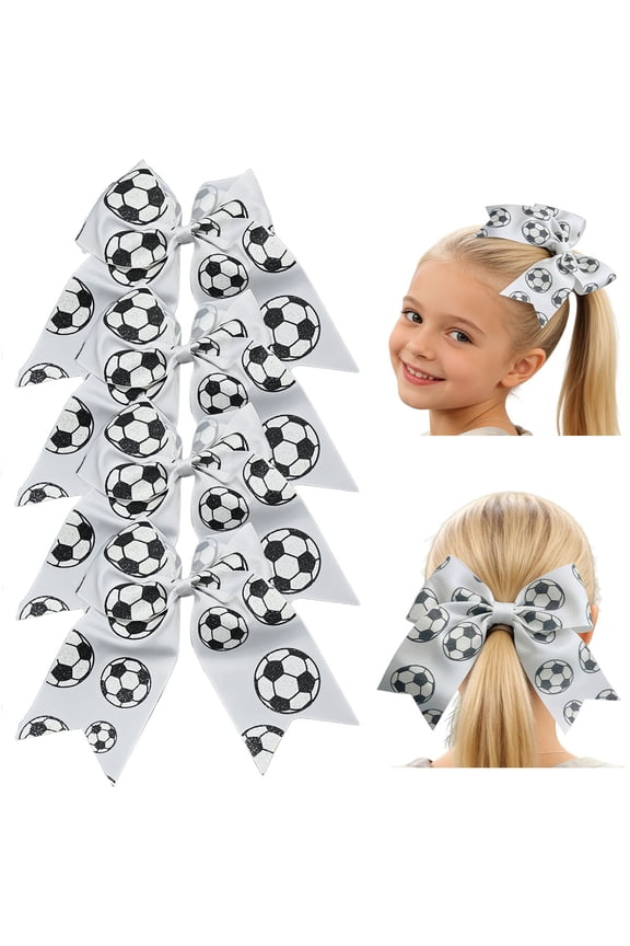 4 Pcs 8in Soccer Cheer Hair Bows Grosgrain Ribbon Elastic Hair Accessories For Girls And Teens