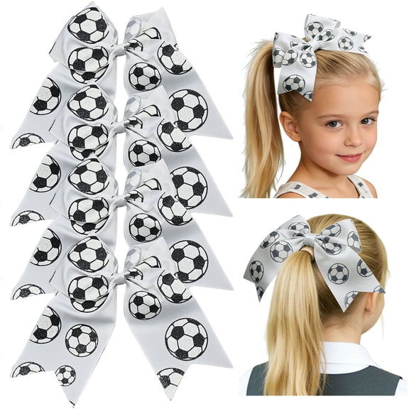 JoyBowie 4 Pcs 8in Soccer Cheer Hair Bows Grosgrain Ribbon Elastic Hair Accessories For Girls And Teens