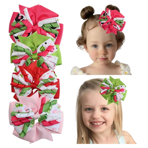 JoyBowie 4 pack 3.7 inch ladybug print hair bows, layered ruffle grosgrain ribbon baby bows with clips for girls toddlers