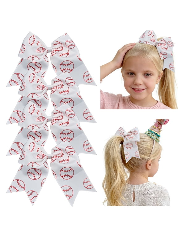 4 pack 8 inch baseball print hair bows, cheer hair ties for girls teens, includes red bow hair