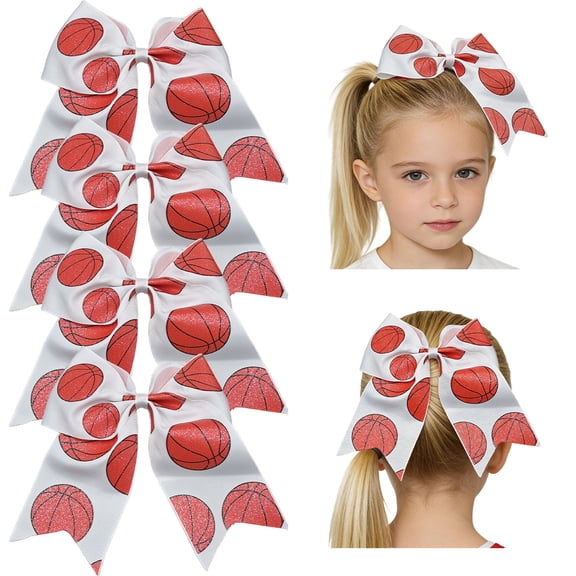 JoyBowie 4 pack 8 inch basketball print hair bows, glitter cheer hair ties for girls teens