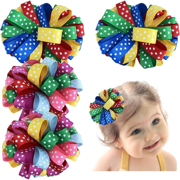 JoyBowie 4pcs 2.6in Polka-Dot Ribbon Hair Bows Multi-Color Clips