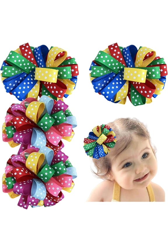 4pcs 2.6in Polka-Dot Ribbon Hair Bows Multi-Color Clips