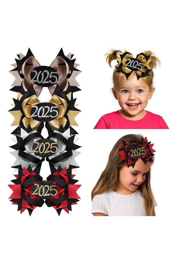 4pcs 5.1in 2025-Themed Hair Bows with Glitter Accents Multi-Color Clips