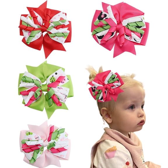JoyBowie 4pcs 3.7in Fruit/Animal Print Layered Hair Bows Multi-Color Clips