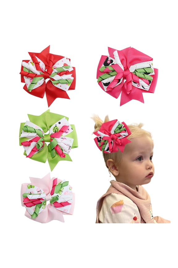 4pcs 3.7in Fruit/Animal Print Layered Hair Bows Multi-Color Clips