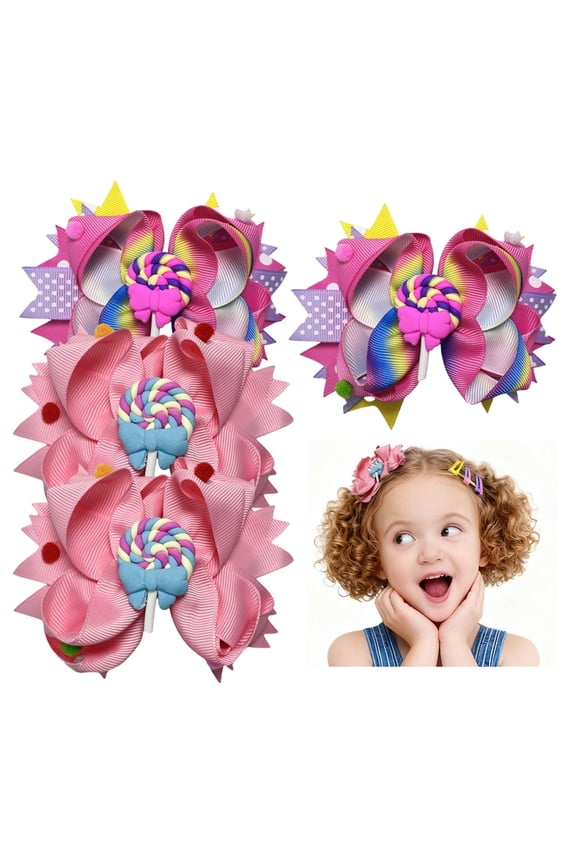4pcs 4.3 Inch Lollipop Hair Bows for Girls, 4.1 Inch Satin Clips for Kids Candy Theme Party Hairstyles