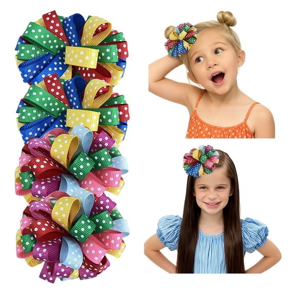 JoyBowie 4pcs 2.5in Multi-Color Polka-Dot Ribbon Puff Hair Clips girl bows for school