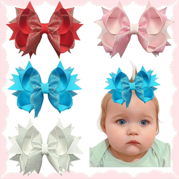JoyBowie 4pcs 4.5 Inch Pink Glitter Hair Bows for Girls Toddlers, Ribbon Hair Clips for Kids Daily Use Party Hairstyles