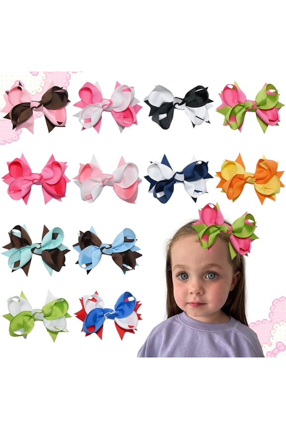 4pcs 4 Inch Pink Brown Hair Bows for Toddlers Girls, Multi-Layer Ribbon Hair Clips for Kids Daily Use Party Hairstyles