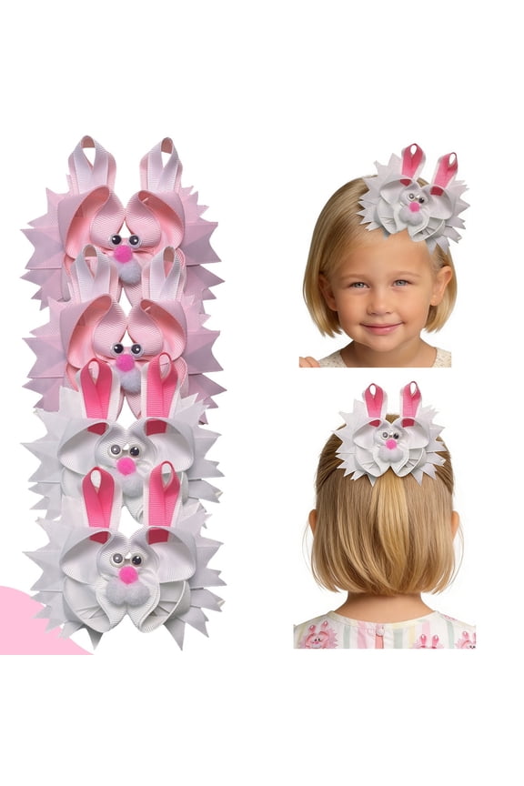 4pcs 5.1in Bunny-Themed Hair Bows with Pom-Pom Accents Multi-Color Clips