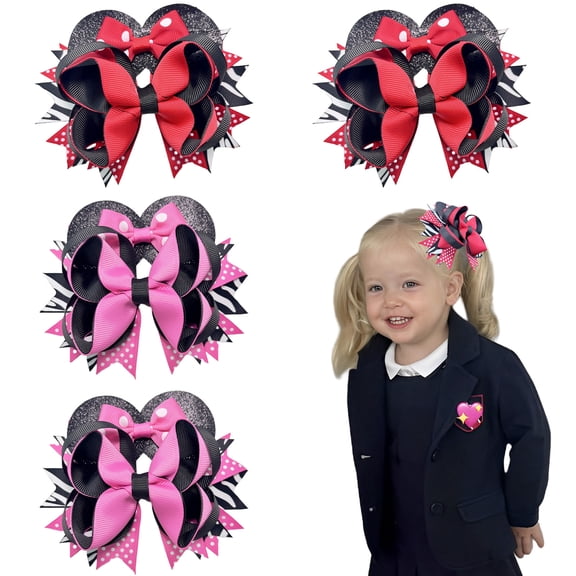 JoyBowie 4pcs 5.5inch Multi-Color Glitter Bow Hair Clips with Polka-Dot & Zebra Patterns