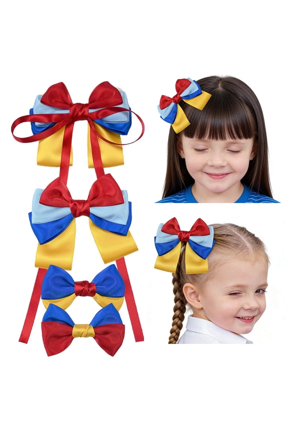 JoyBowie 4pcs 5.9inchMulti-Size Satin Hair Bows Set, Princess-Themed Hair Clips for Girls 3-12 Years for Costume Party Daily Hairstyles