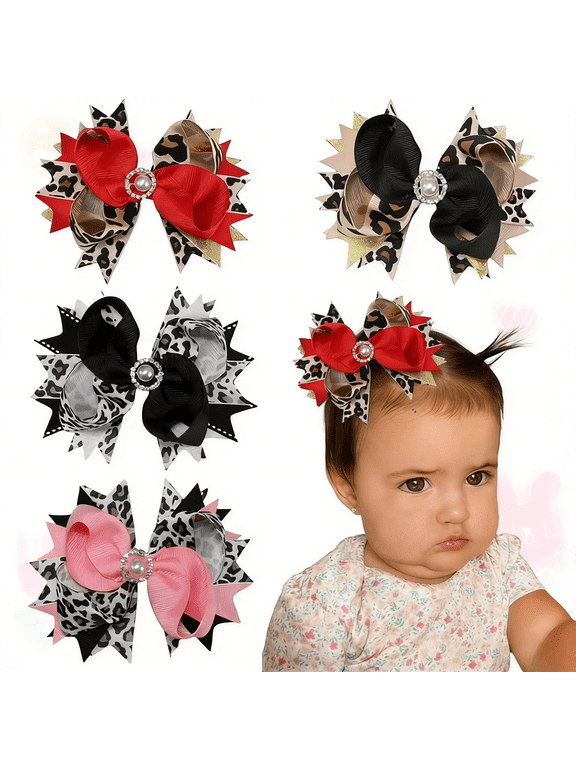 4pcs 5 Inch Red Leopard Hair Bows for Girls Toddlers, Pearl Ribbon Hair Clips for Kids Party Daily Hairstyles