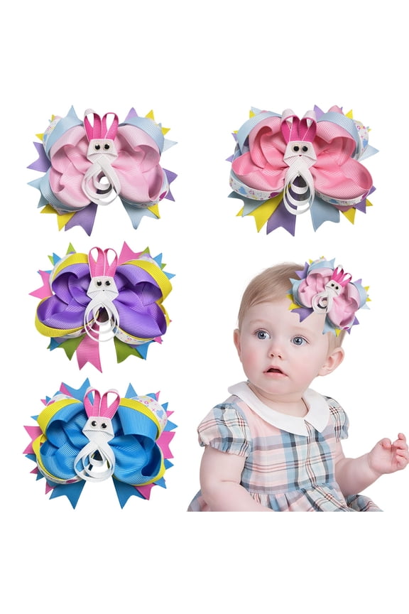 4pcs 5in Bunny-Themed Layered Hair Bows Multi-Color Ribbon Clips