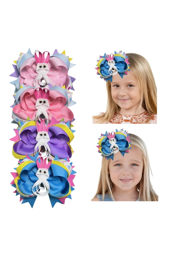 4pcs 5inch Bunny-Accent Layered Hair Bows Multi-Color Hair Clips