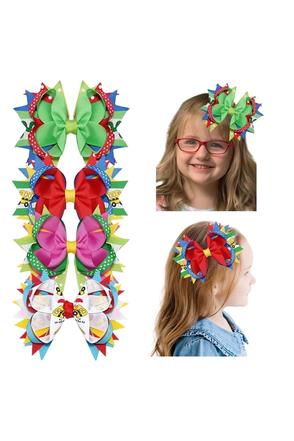 4-Piece 5-Inch Baby Bows Back to School Themed Layered Hair Clips for Toddlers and Girls, Whimsical & Playful Accessories