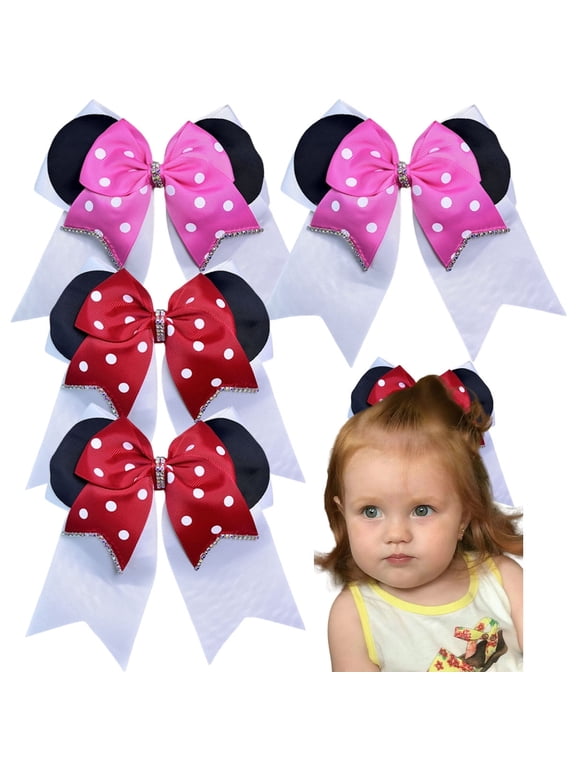 4pcs 8.5in Polka-Dot Hair Bows with Gem Accents Multi-Layer Ribbon Clips