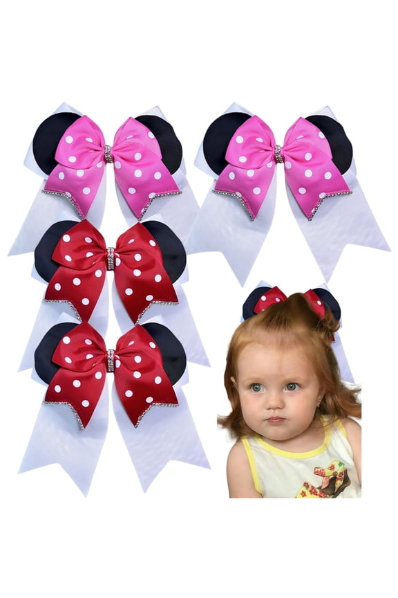 4pcs 8.5in Polka-Dot Hair Bows with Gem Accents Multi-Layer Ribbon Clips