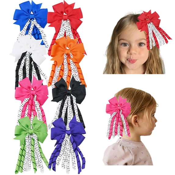 JoyBowie 5.3 Inch Curly Tassel Grosgrain Hair Bows with Alligator Clips, Multicolor, 8 Pack for Girls
