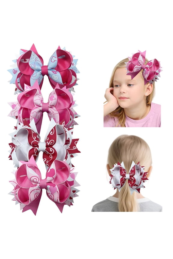 5 Inch Double-Layer Heart-Print Grosgrain Hair Bows with Alligator Clips, Multicolor, 4 Pack for Girls