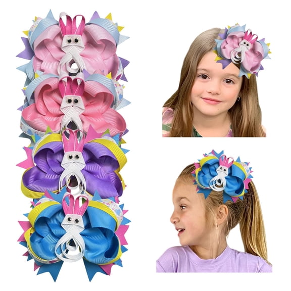 JoyBowie 4pcs 5inch Bunny-Accent Layered Hair Bows Multi-Color Hair Clips