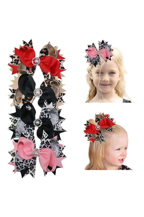 5 Inch Leopard Print Pearl Grosgrain Hair Bows with Alligator Clips, Multicolor, 4 Pack for Girls