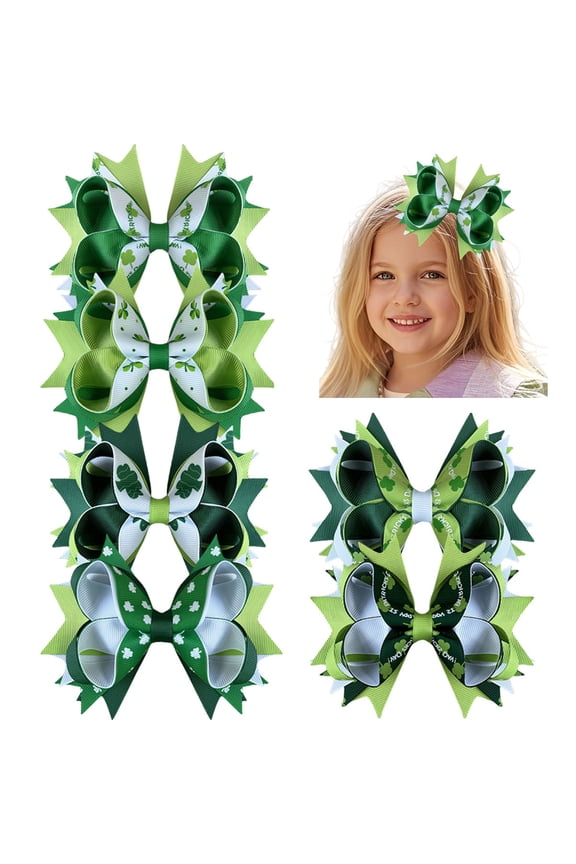 6 Pack 5 Inch St. Patrick's Day Layered Hair Bows, Clover Print Alligator Clips for Girls