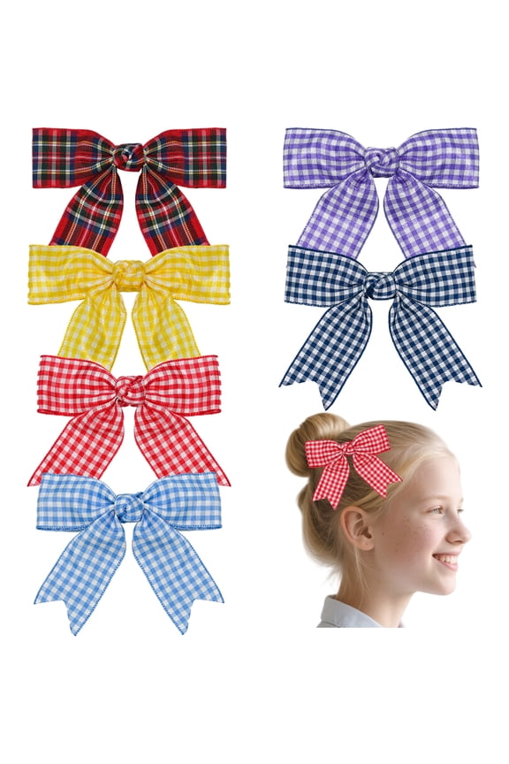 6 Pcs 3.5 Inch Gingham & Plaid Hair Bows, Checkered Ribbon Bow Hair Clips for Girls