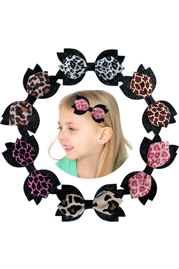 6 Pcs 4.1 Inch Leopard Print Hair Bow Clips, Glitter Edge Animal Print Hair Accessories for Girls