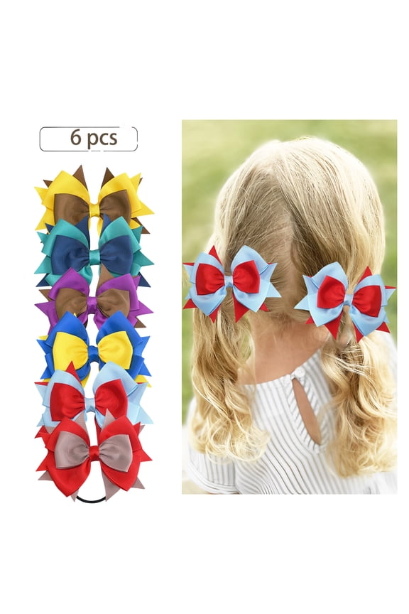 6 Pcs 4.1 Inch Multi-Layer Ruffle Bow Hair Ties, Assorted Color Hair Accessories for Girls