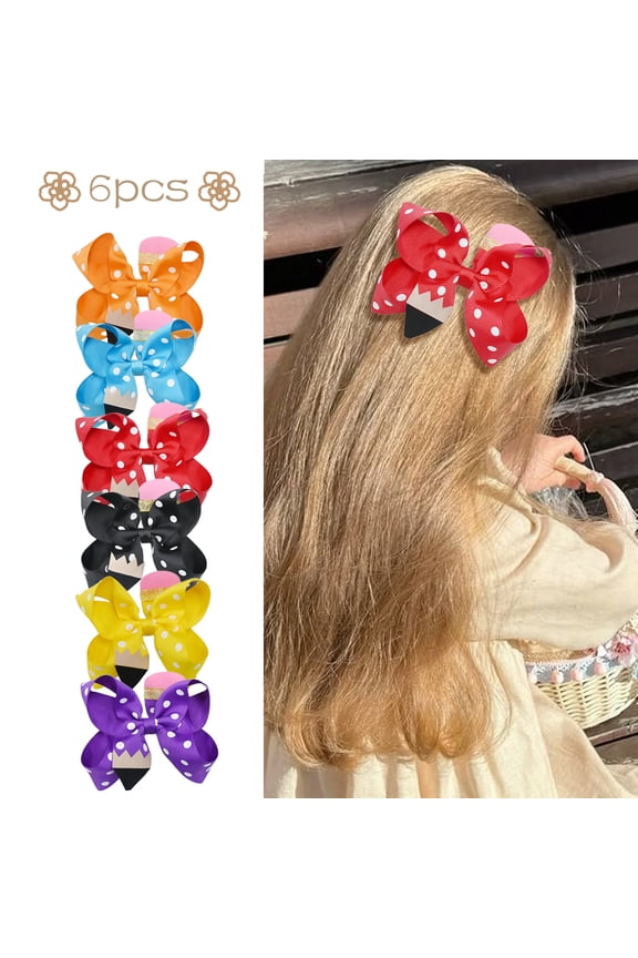 6 Pcs 4 Inch Back to School Hair Bows Clips Polka Dot Pencil Design Grosgrain Ribbon Alligator Clips for Girls Kids Toddlers
