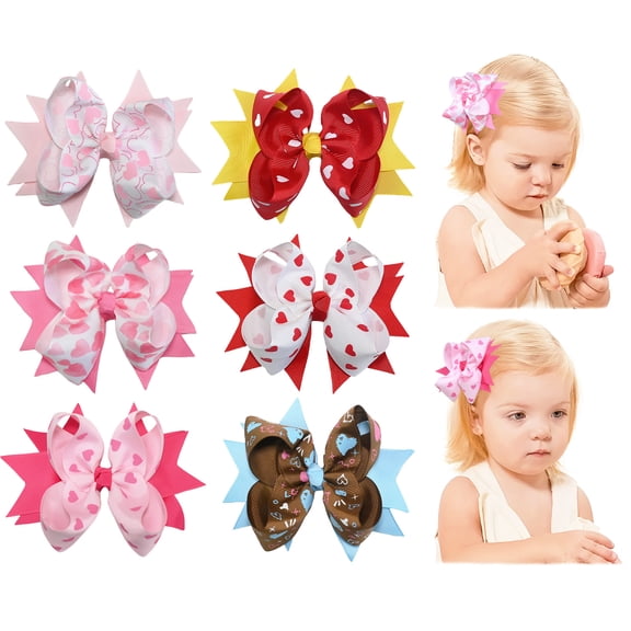 JoyBowie 6 Pcs 5.1 Inch Layered Starburst Hair Bows, Heart Pattern Grosgrain Bow Hair Clips for Girls