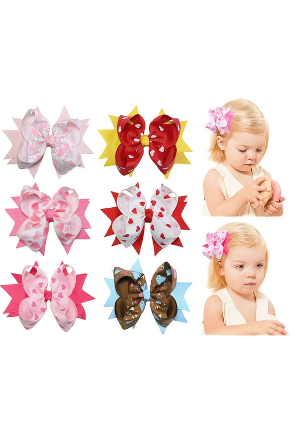 6 Pcs 5.1 Inch Layered Starburst Hair Bows, Heart Pattern Grosgrain Bow Hair Clips for Girls