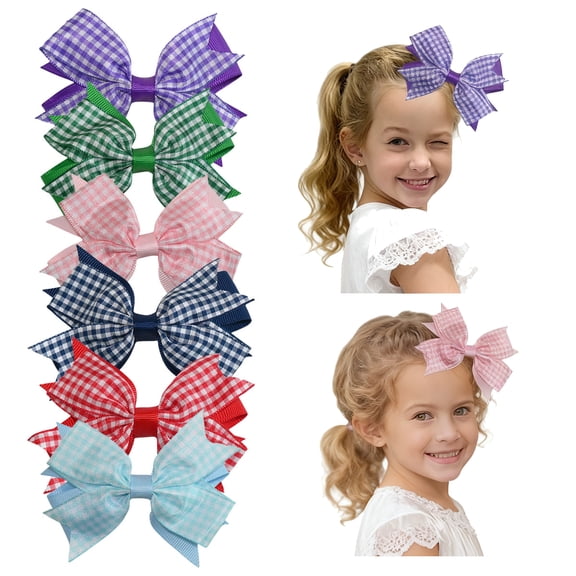 JoyBowie 6 Pcs Gingham Print Hair Bows for Girls 4-12 Years, Grosgrain Ribbon Clips for Picnics & Daily Hairstyles