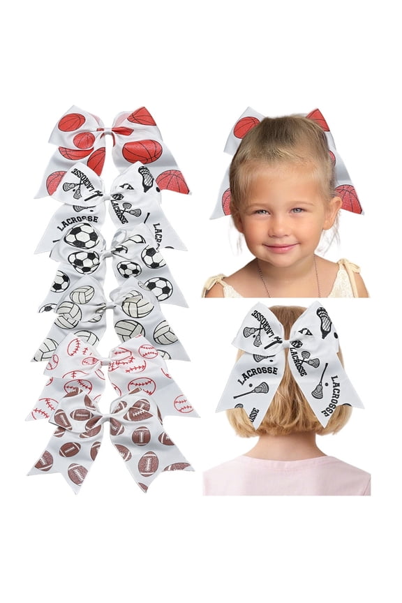 6 pack 7.5 inch sports cheer hair bows, printed grosgrain ribbon baby bows with clips for girls toddlers