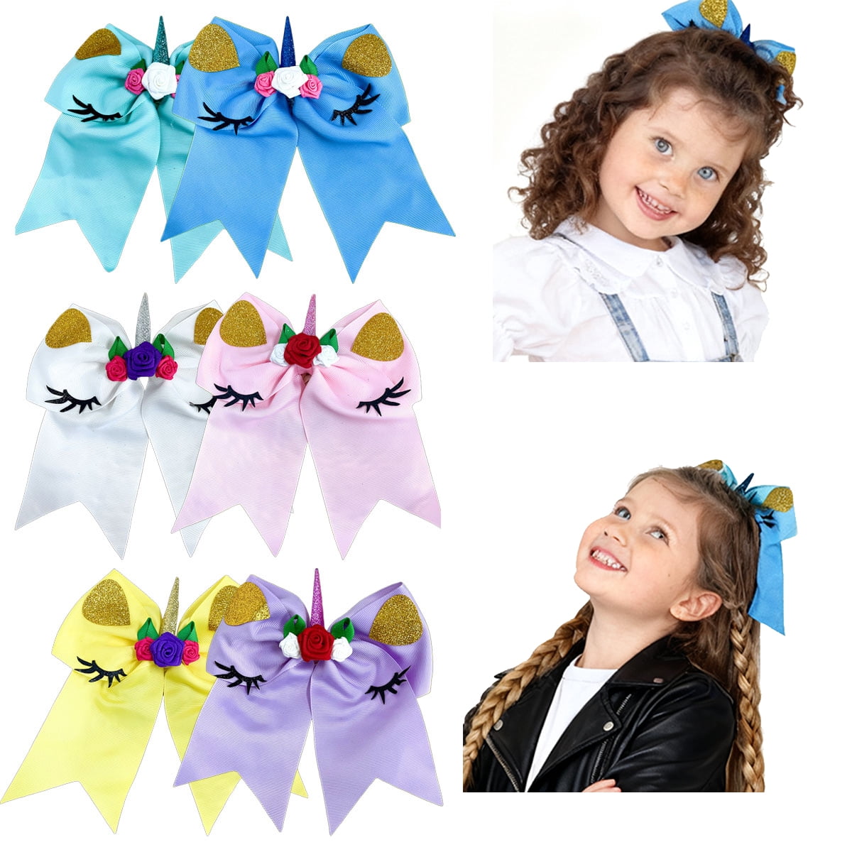 JoyBowie 6 pack 7.8 inch girls hair bows, unicorn cheer style grosgrain ribbon hair clips with glitter ears