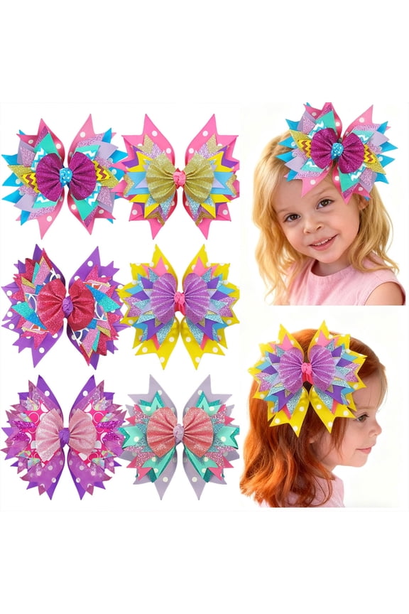 6 Pack 7 Inch Glitter Multi-Color Hair Bows, Alligator Clips for Cheerleading & Party Events for Girls