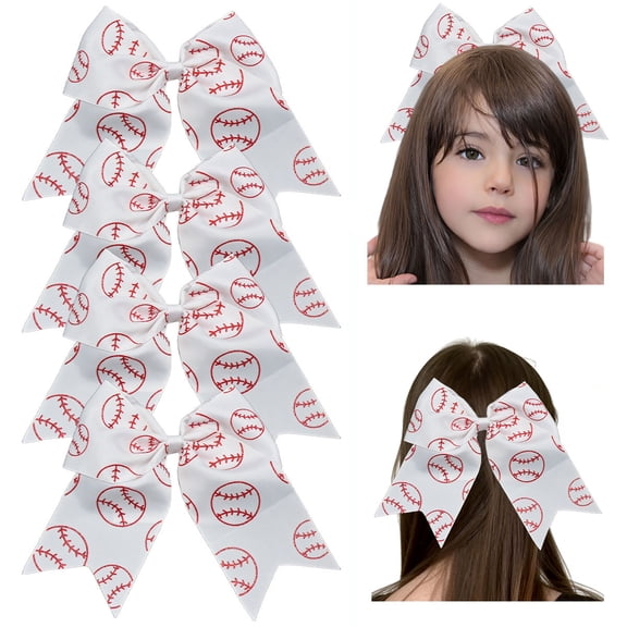 JoyBowie 8 Inch Baseball Print Cheerleading Grosgrain Hair Bows with Elastic Bands, White, 4 Pack for Girls