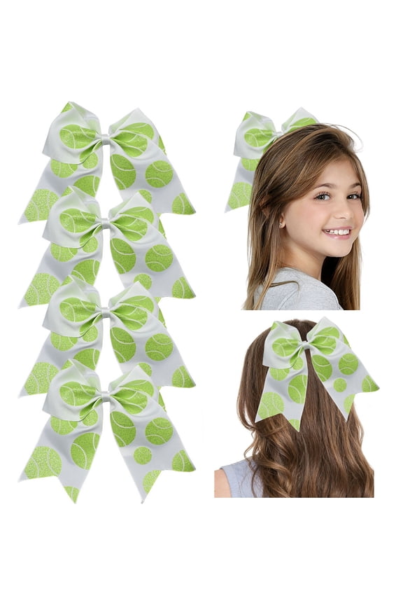 JoyBowie 8 Inch Tennis Print Cheerleading Grosgrain Hair Bows with Elastic Bands, White, 4 Pack for Girls