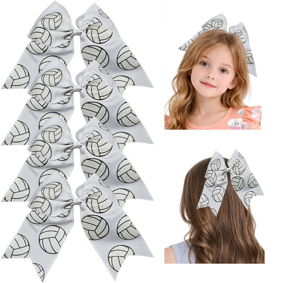 JoyBowie 8 Inch Volleyball Print Cheerleading Grosgrain Hair Bows with Elastic Bands, White, 4 Pack for Girls