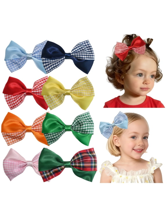8 Pcs 3.5inch Satin Gingham Hair Bows for Girls 4-12 Years, Reversible Ribbon Clips for Picnics & Daily Hairstyles