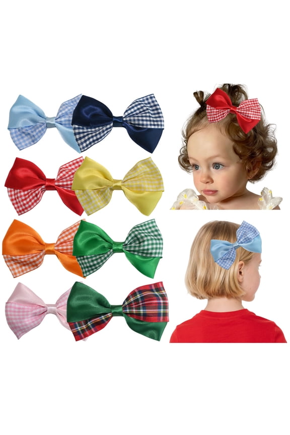 8 pack 3.5 inch gingham mix hair bows, two tone satin grosgrain ribbon baby bows with clips for girls toddlers