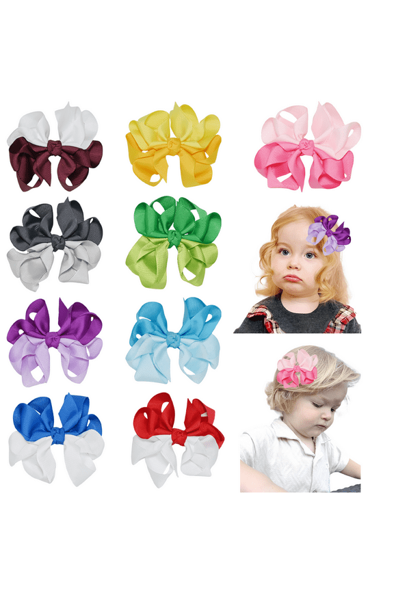 9 Pcs 3.5 Inch Layered Grosgrain Hair Bows, Double Color Ruffled Bow Hair Clips for Toddlers and Girls